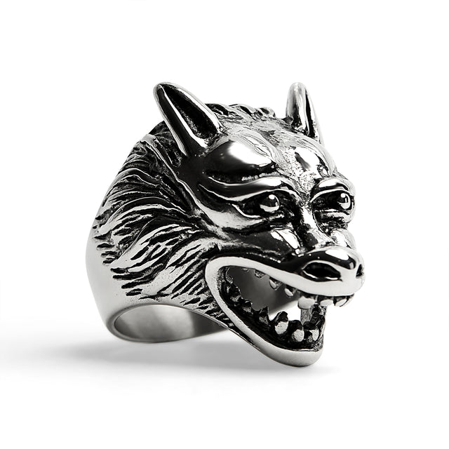 Stainless Steel Polished Snarling Wolf Ring