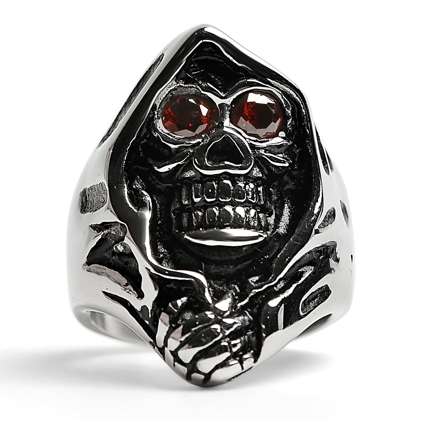 Red CZ Eyed Skull Reaper Stainless Steel Ring
