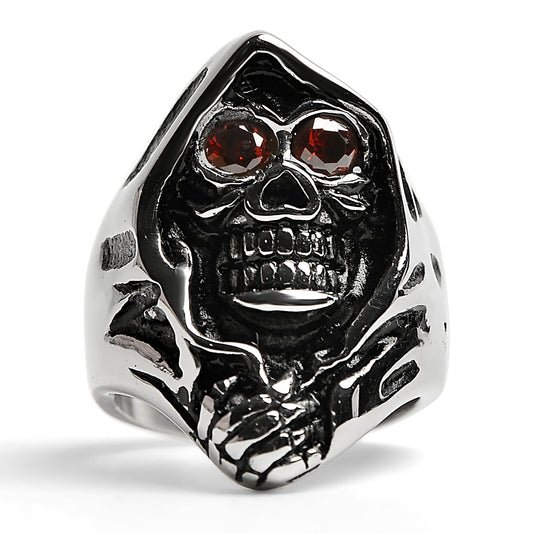 Red CZ Eyed Skull Reaper Stainless Steel Ring
