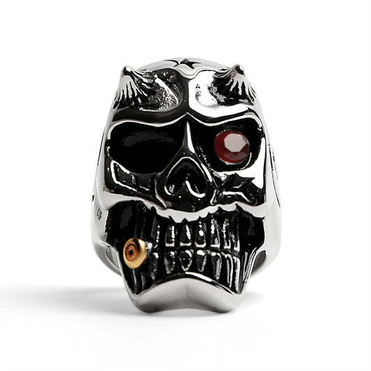 Devil Skull With Red CZ Eye Smoking 18K Gold PVD Coated Cigar Ring