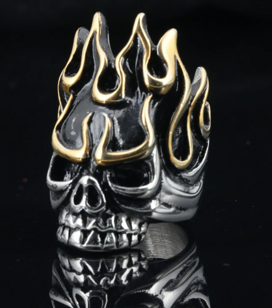 Skull & Gold Flames Ring #10