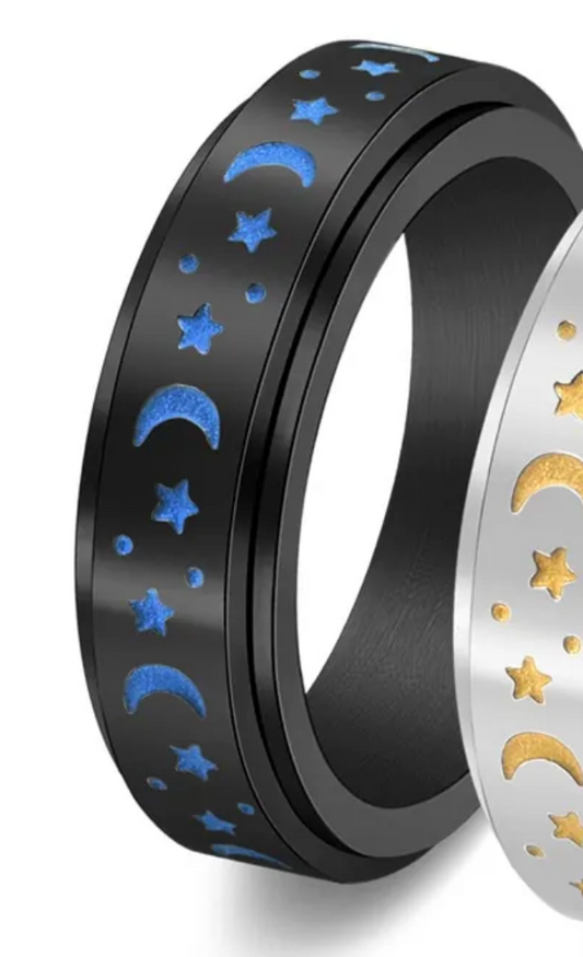 Black Glow Spinner Star & Moon Ring #12