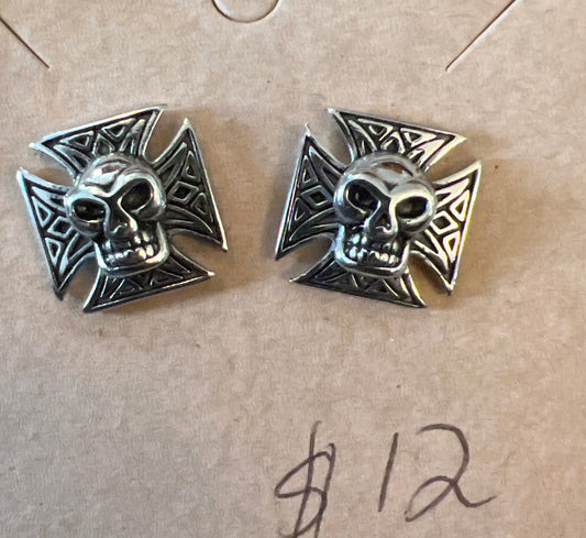 Maltese cross skull post earrings