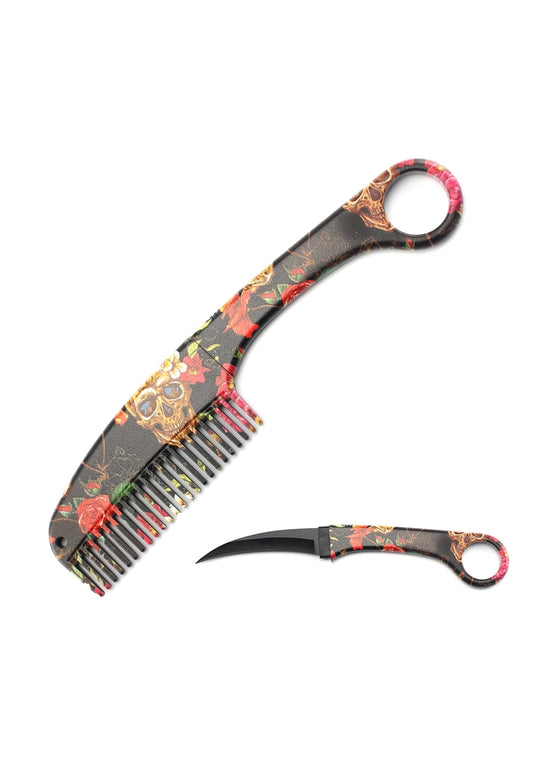Skulls and Roses Comb with hidden knife w Finger ring