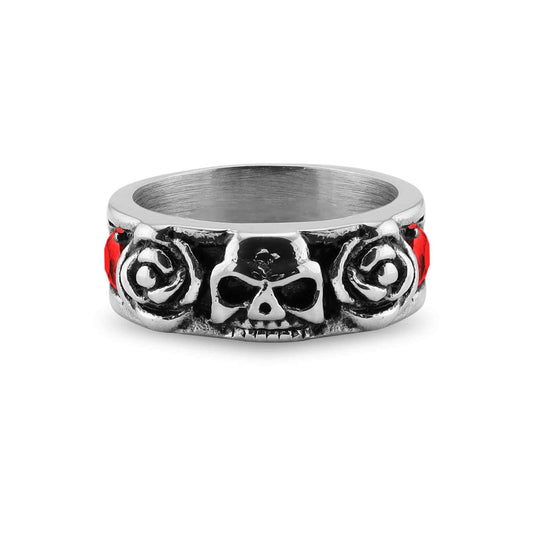 Skull And Roses With Red CZ Accents Ring
